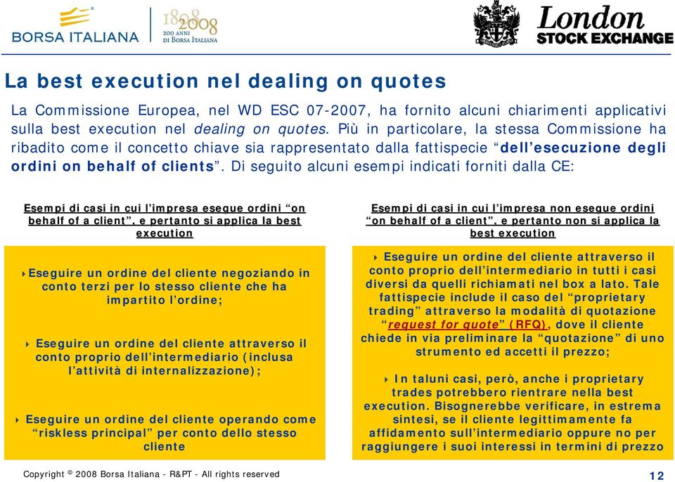 Di seguito alcuni esempi indicati forniti dalla CE: Esempi di casi in cui l impresa l esegue ordini on behalf of a client,, e pertanto si applica la best execution Eseguire un ordine del cliente