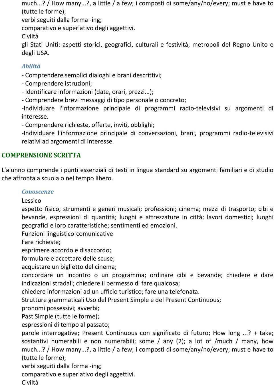 - Comprendere semplici dialoghi e brani descrittivi; - Comprendere istruzioni; - Identificare informazioni (date, orari, prezzi.