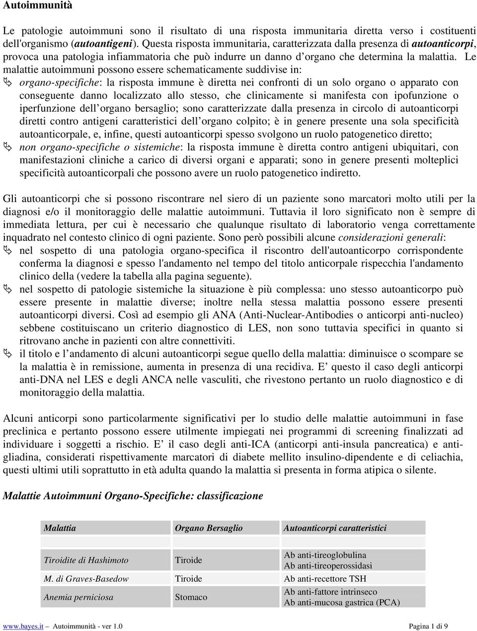 Le malattie autoimmuni possono essere schematicamente suddivise in: organo-specifiche: la risposta immune è diretta nei confronti di un solo organo o apparato con conseguente danno localizzato allo