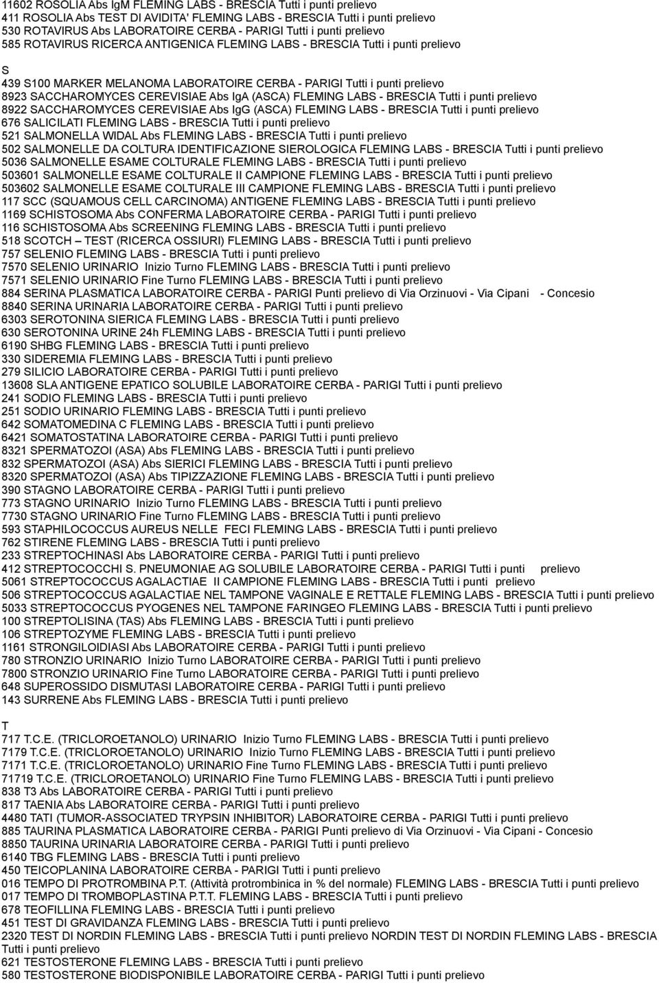 BRESCIA Tutti i punti 8922 SACCHAROMYCES CEREVISIAE Abs IgG (ASCA) FLEMING LABS - BRESCIA Tutti i punti 676 SALICILATI FLEMING LABS - BRESCIA Tutti i punti 521 SALMONELLA WIDAL Abs FLEMING LABS -