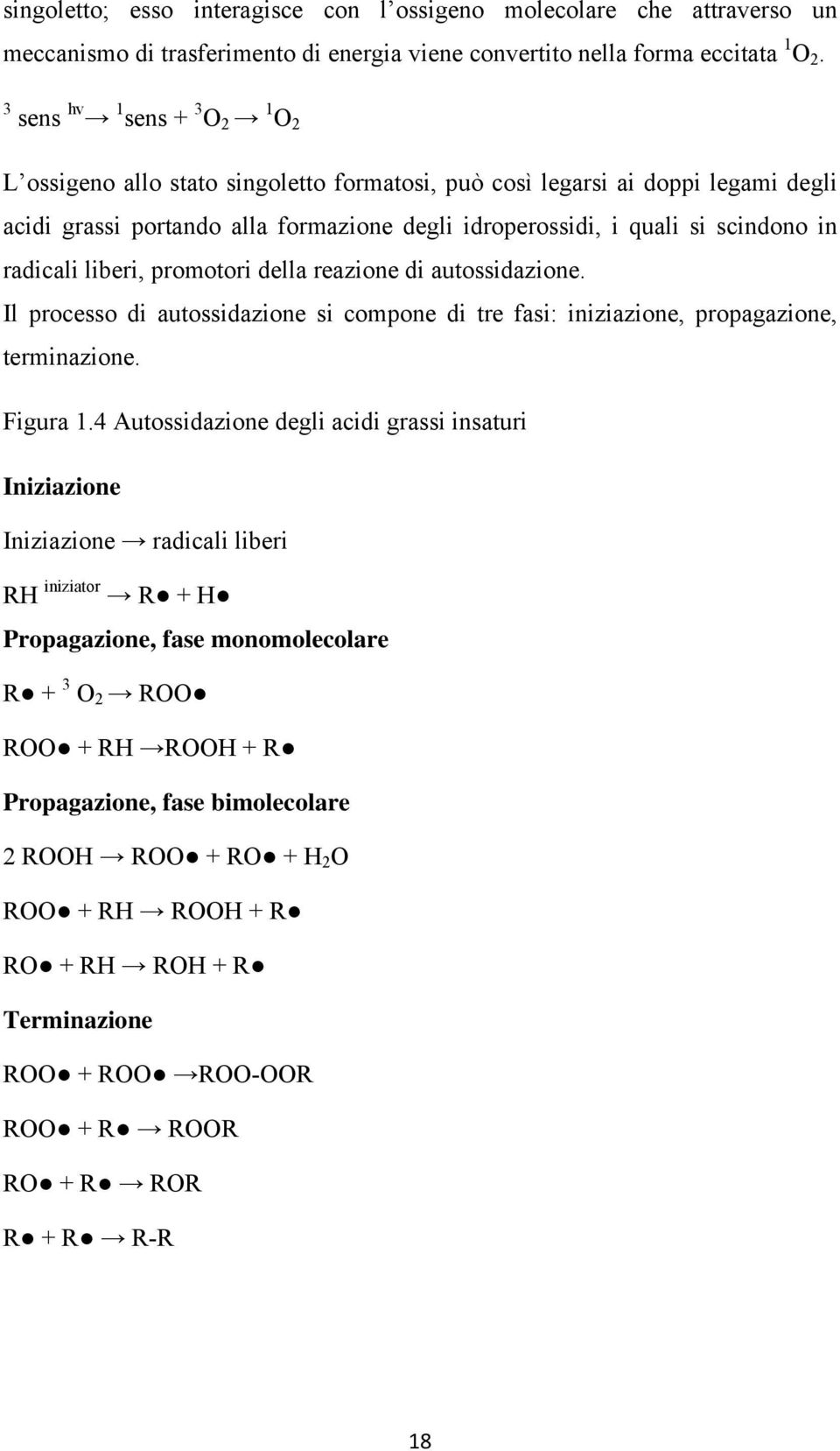 radicali liberi, promotori della reazione di autossidazione. Il processo di autossidazione si compone di tre fasi: iniziazione, propagazione, terminazione. Figura 1.