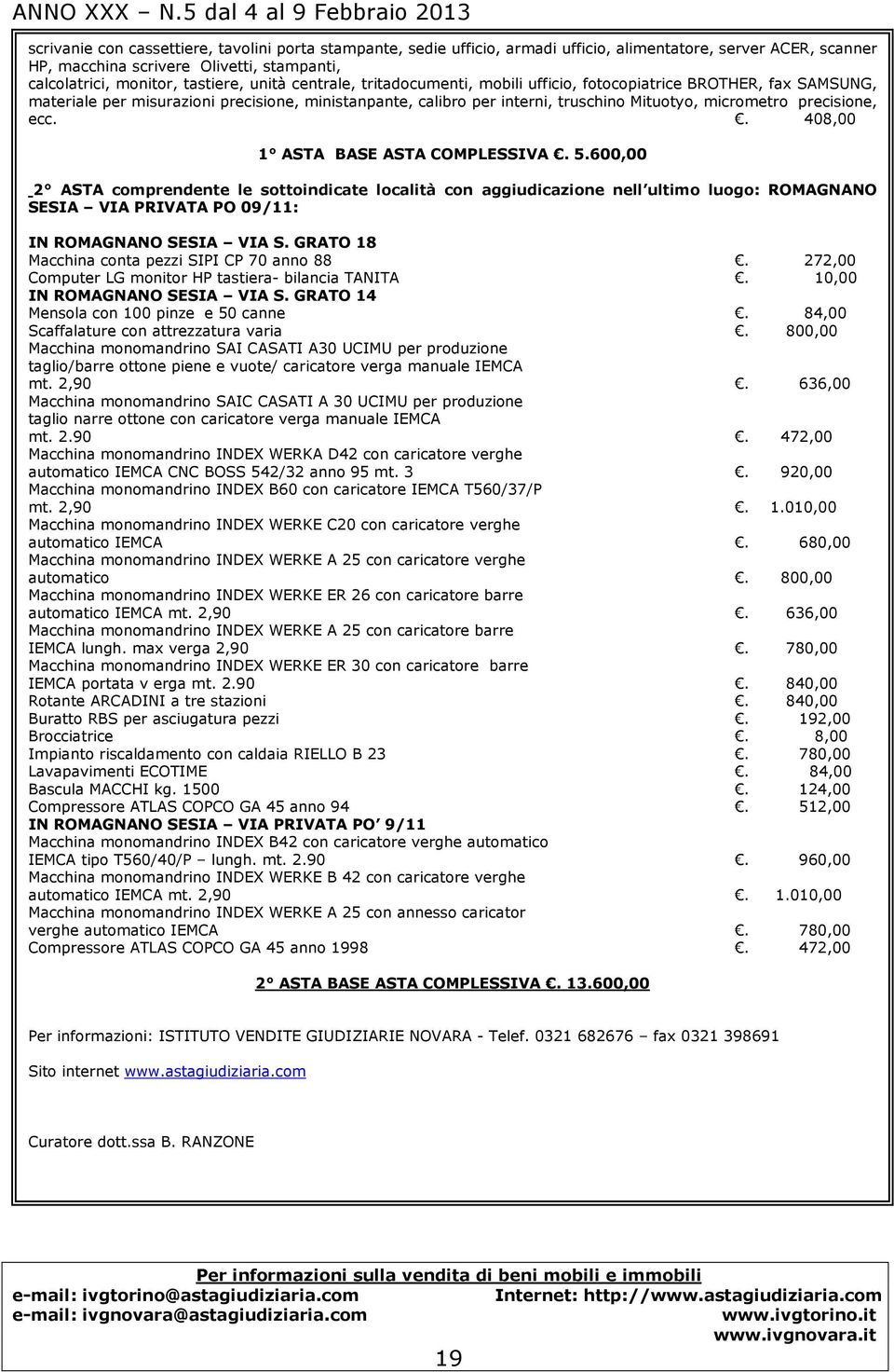 precisione, ecc.. 408,00 1 ASTA BASE ASTA COMPLESSIVA. 5.