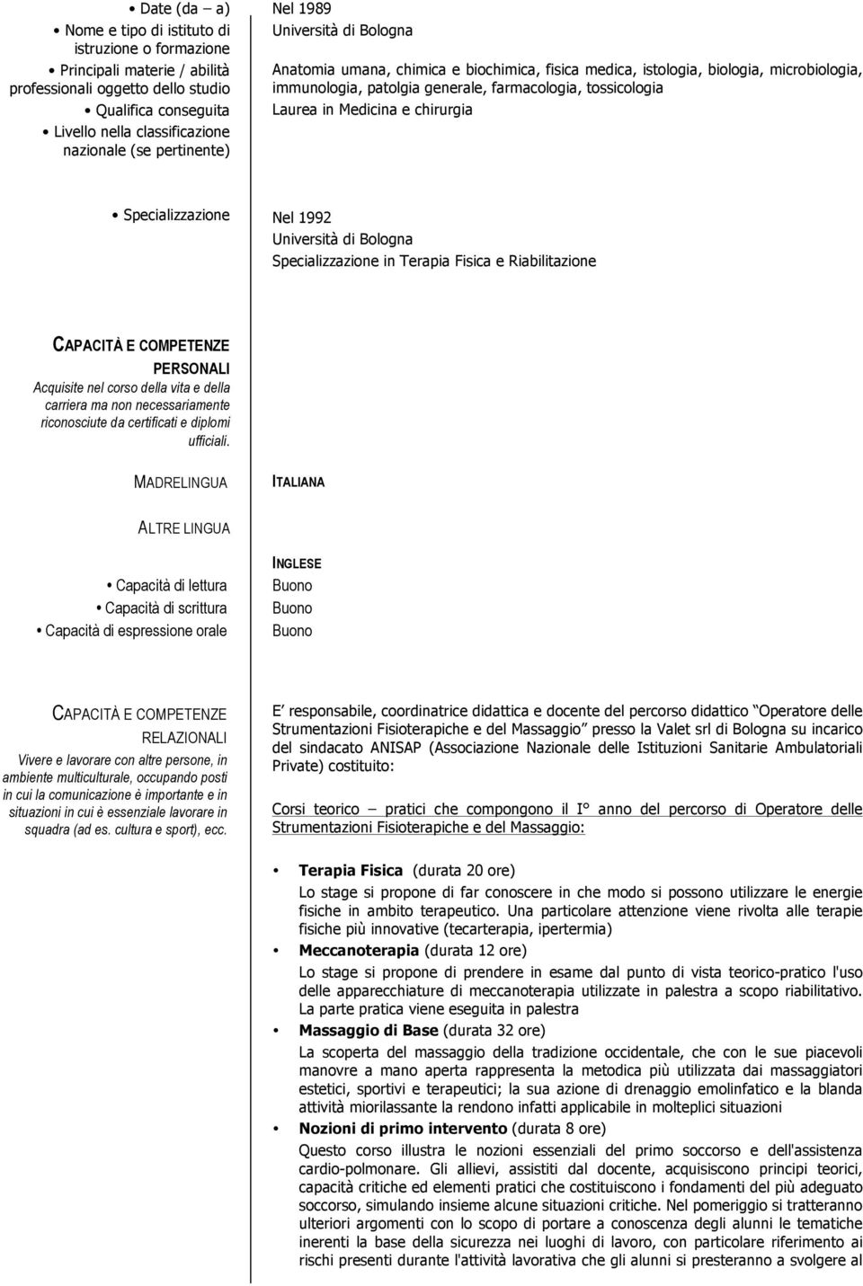 Specializzazione Nel 1992 Specializzazione in Terapia Fisica e Riabilitazione PERSONALI Acquisite nel corso della vita e della carriera ma non necessariamente riconosciute da certificati e diplomi