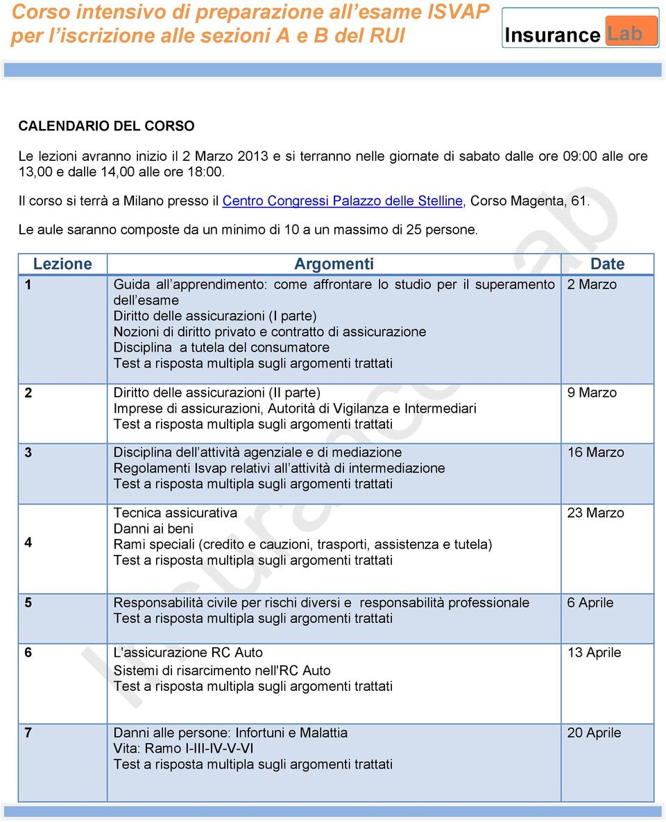 Lezione Argomenti Date 1 Guida all apprendimento: come affrontare lo studio per il superamento 2 Marzo dell esame Diritto delle assicurazioni (I parte) Nozioni di diritto privato e contratto di