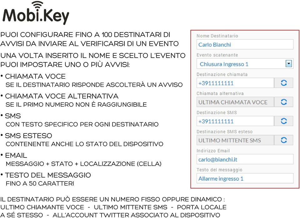 OGNI DESTINATARIO SMS ESTESO CONTENENTE ANCHE LO STATO DEL DISPOSITIVO EMAIL MESSAGGIO + STATO + LOCALIZZAZIONE (CELLA) TESTO DEL MESSAGGIO FINO A 50 CARATTERI IL