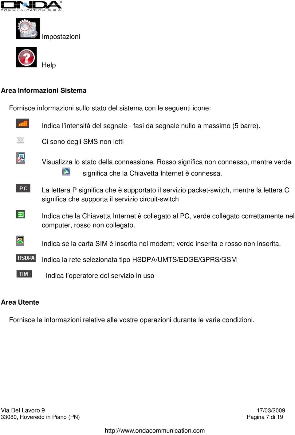 La lettera P significa che è supportato il servizio packet-switch, mentre la lettera C significa che supporta il servizio circuit-switch Indica che la Chiavetta Internet è collegato al PC, verde