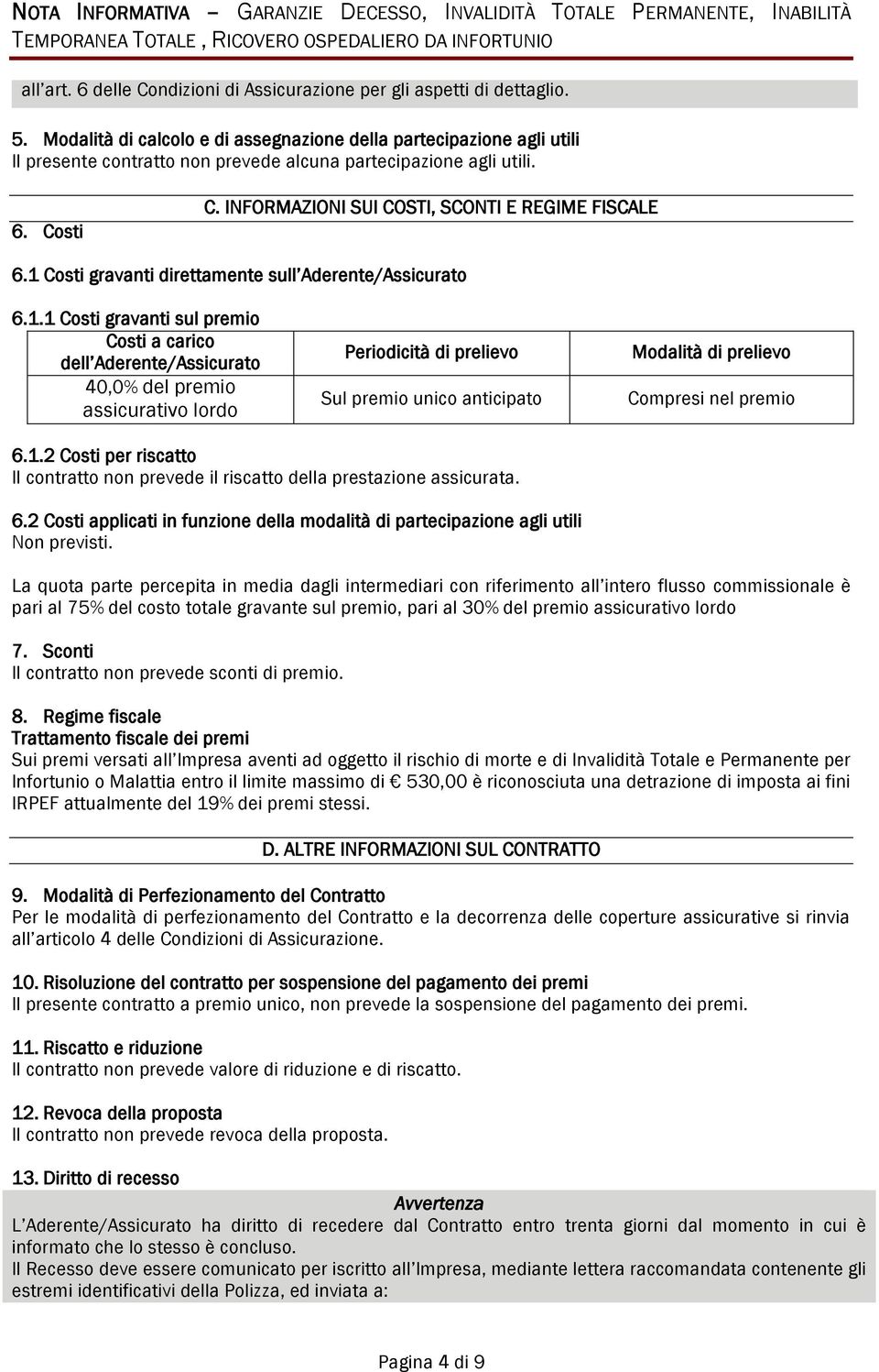 Modalità di calcolo e di assegnazione della partecipazione agli utili Il presente contratto non prevede alcuna partecipazione agli utili. 6. Costi C. INFORMAZIONI SUI COSTI, SCONTI E REGIME FISCALE 6.