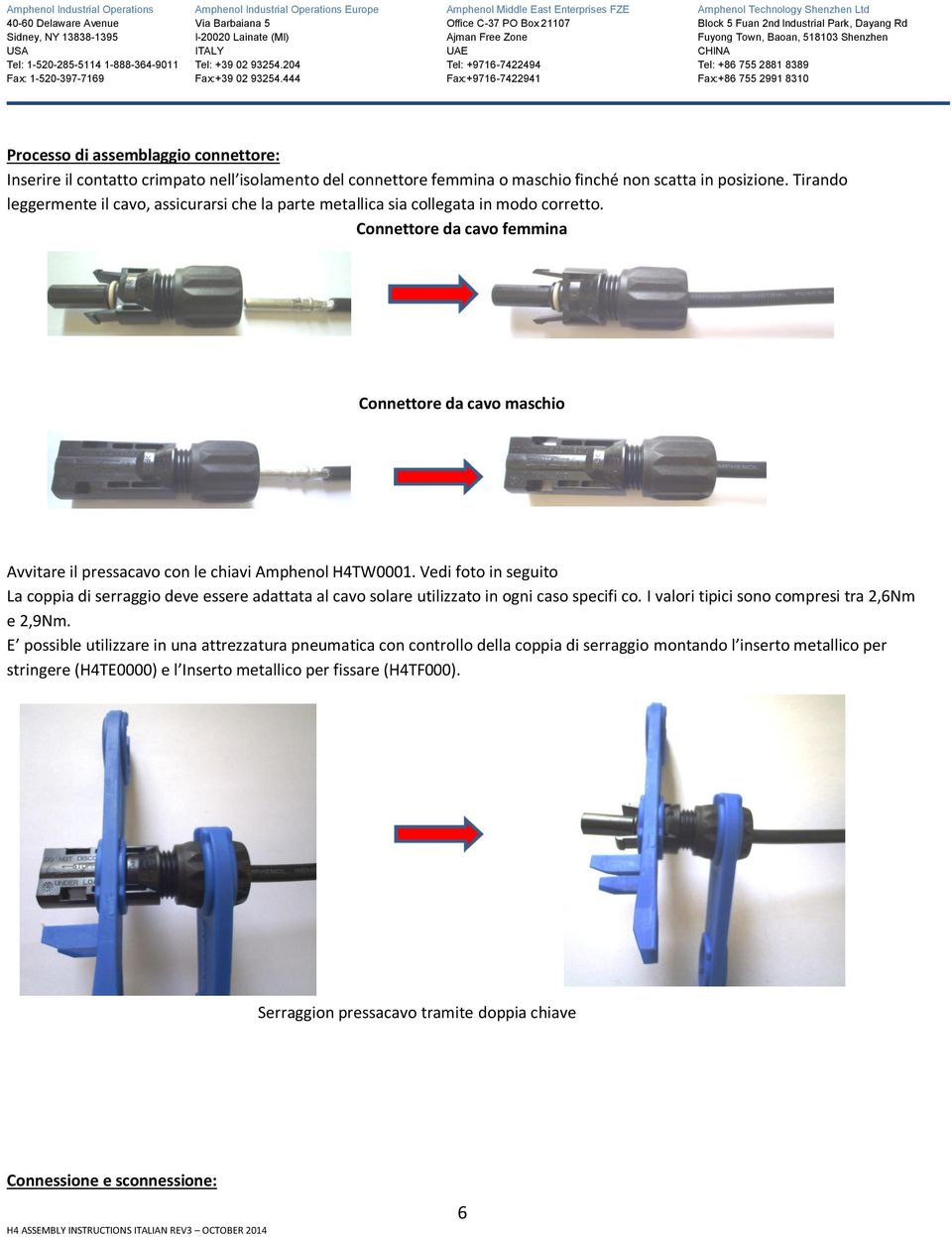 Connettore da cavo femmina Connettore da cavo maschio Avvitare il pressacavo con le chiavi Amphenol H4TW0001.