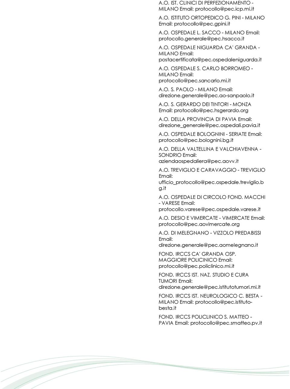 CARLO BORROMEO - MILANO Email: protocollo@pec.sancarlo.mi.it A.O. S. PAOLO - MILANO Email: direzione.generale@pec.ao-sanpaolo.it A.O. S. GERARDO DEI TINTORI - MONZA Email: protocollo@pec.hsgerardo.