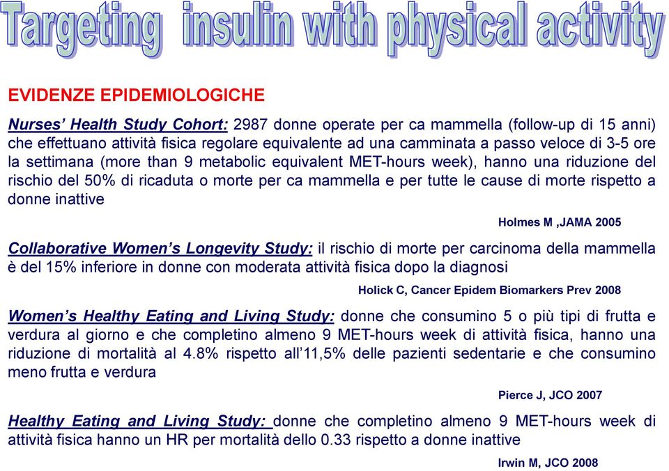 inattive Holmes M,JAMA 2005 Collaborative Women s Longevity Study: il rischio di morte per carcinoma della mammella è del 15% inferiore in donne con moderata attività fisica dopo la diagnosi Holick