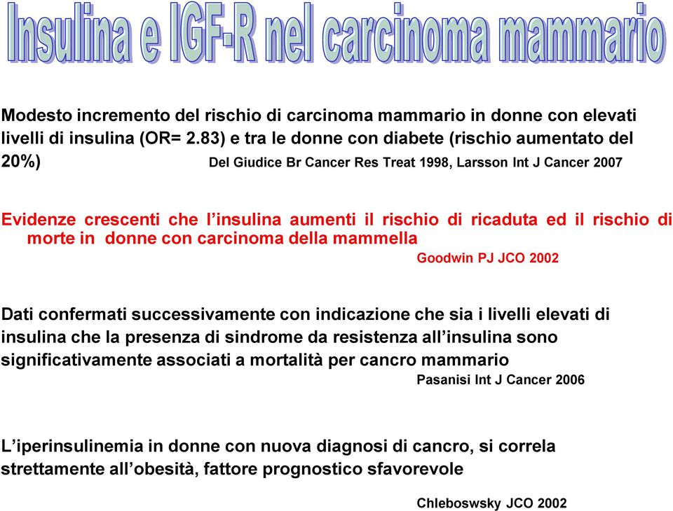 ed il rischio di morte in donne con carcinoma della mammella Goodwin PJ JCO 2002 Dati confermati successivamente con indicazione che sia i livelli elevati di insulina che la presenza di