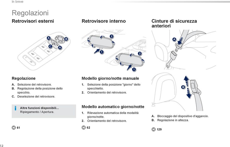 Selezione della posizione "giorno" dello specchietto. 2. Orientamento del retrovisore. 61 Altre funzioni disponibili... Ripiegamento / Apertura.