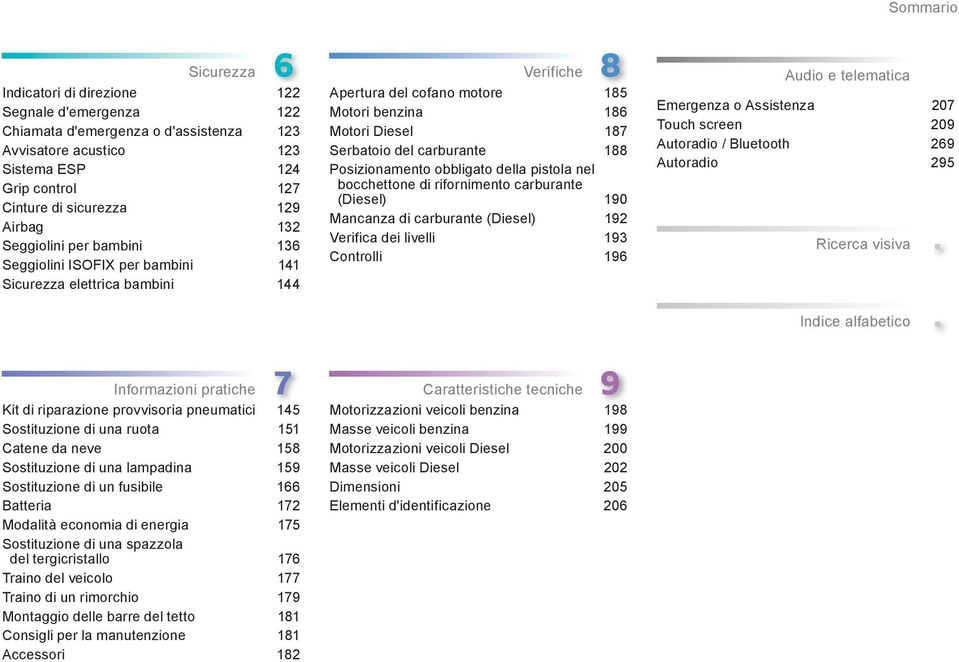 188 Posizionamento obbligato della pistola nel bocchettone di rifornimento carburante (Diesel) 190 Mancanza di carburante (Diesel) 192 Verifica dei livelli 193 Controlli 196 Audio e telematica