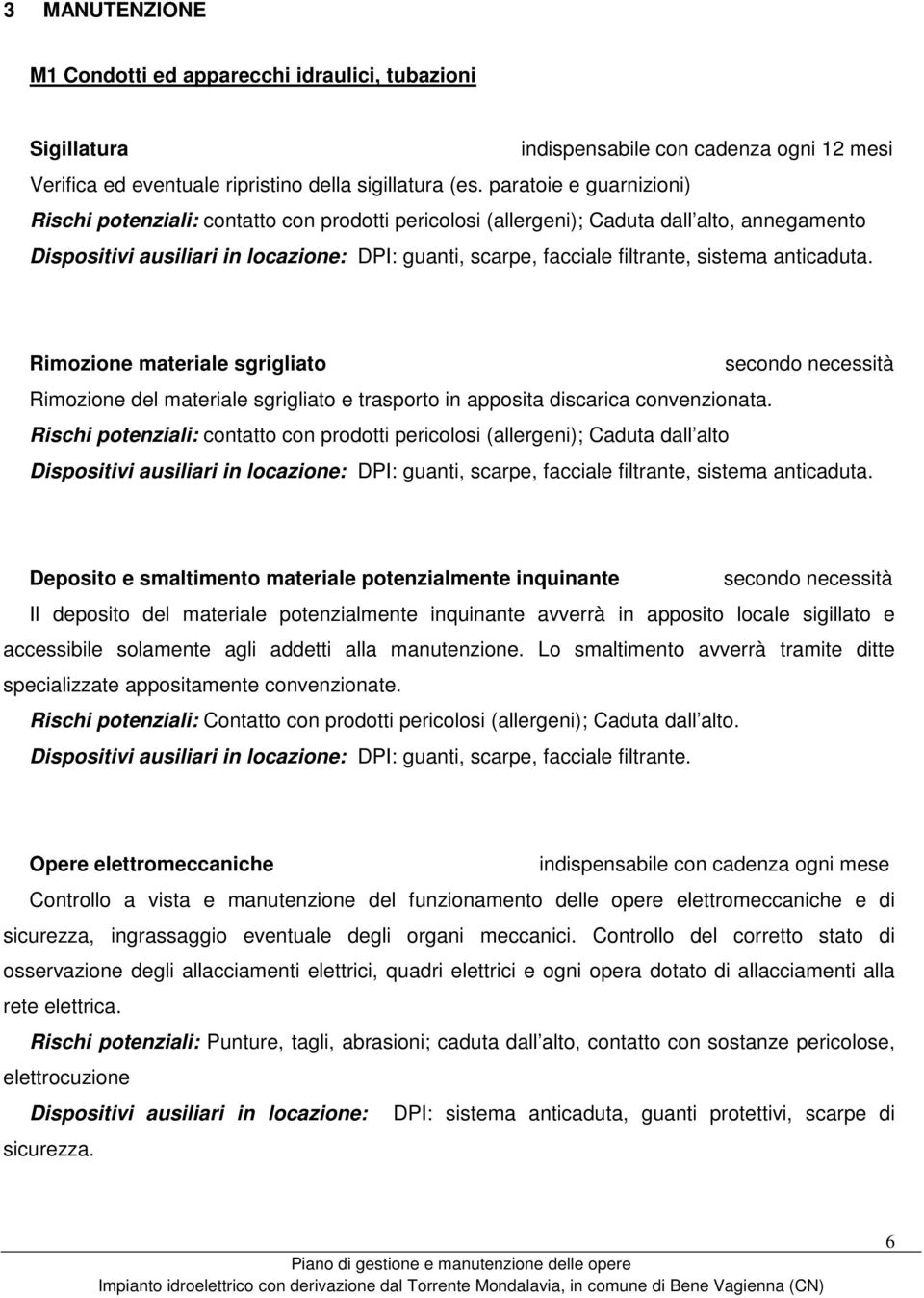 sistema anticaduta. Rimozione materiale sgrigliato secondo necessità Rimozione del materiale sgrigliato e trasporto in apposita discarica convenzionata.