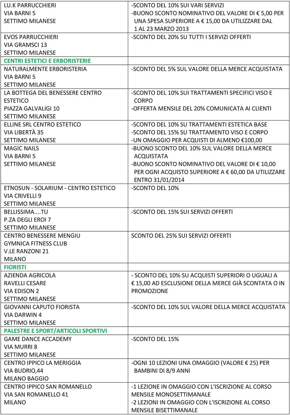 LE RANZONI 21 FIORISTI AZIENDA AGRICOLA RAVELLI CESARE VIA EDISON 2 GIOVANNI CAPUTO FIORISTA VIA DARWIN 4 PALESTRE E SPORT/ARTICOLI SPORTIVI GAME DANCE ACCADEMY VIA MURRI 8 CENTRO IPPICO LA MERIGGIA