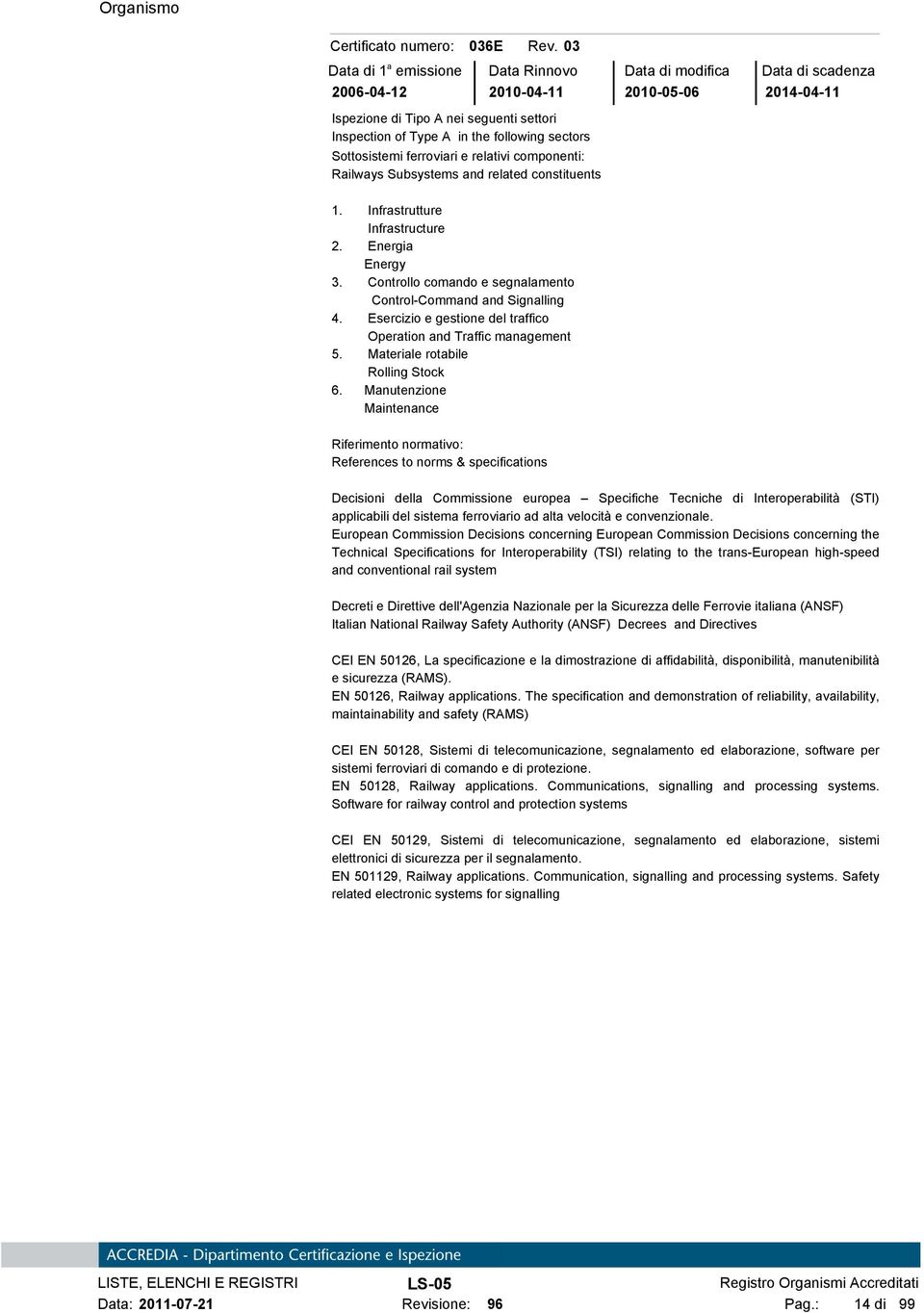 Subsystems and related constituents 1. Infrastrutture Infrastructure 2. Energia Energy 3. Controllo comando e segnalamento Control-Command and Signalling 4.