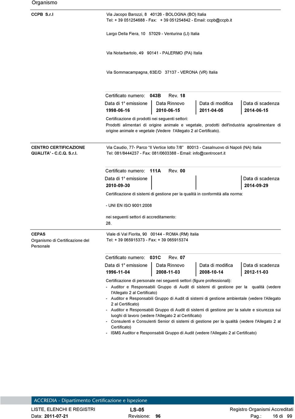 18 1998-06-16 2010-06-15 2011-04-05 2014-06-15 Certificazione di prodotti nei seguenti settori: Prodotti alimentari di origine animale e vegetale, prodotti dell'industria agroalimentare di origine