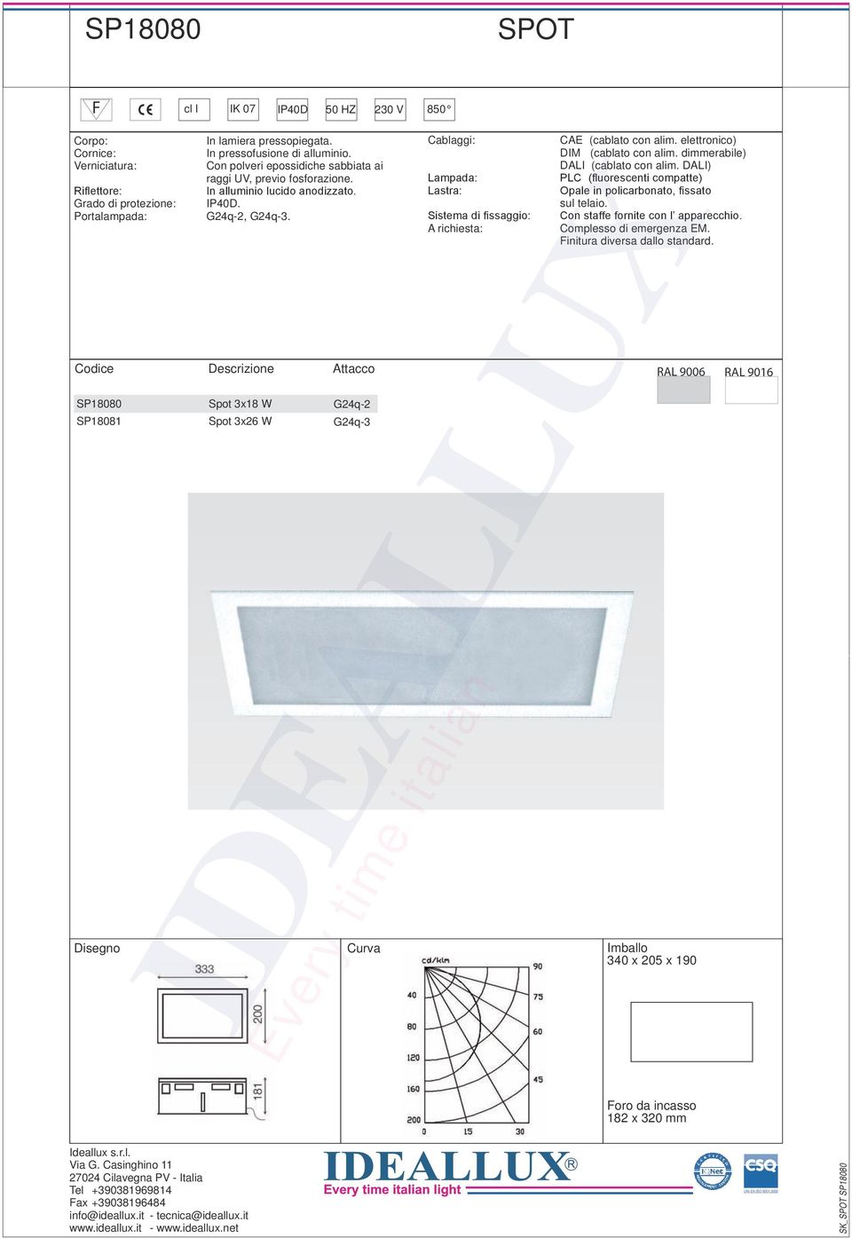 Codice Descrizione Attacco SP18080 Spot 3x18 W G24q-2 SP18081 Spot 3x26 W G24q-3 Disegno Curva Cablaggi: Lampada: Lastra: Sistema di fissaggio: A richiesta: Every time italian CAE (cablato con alim.