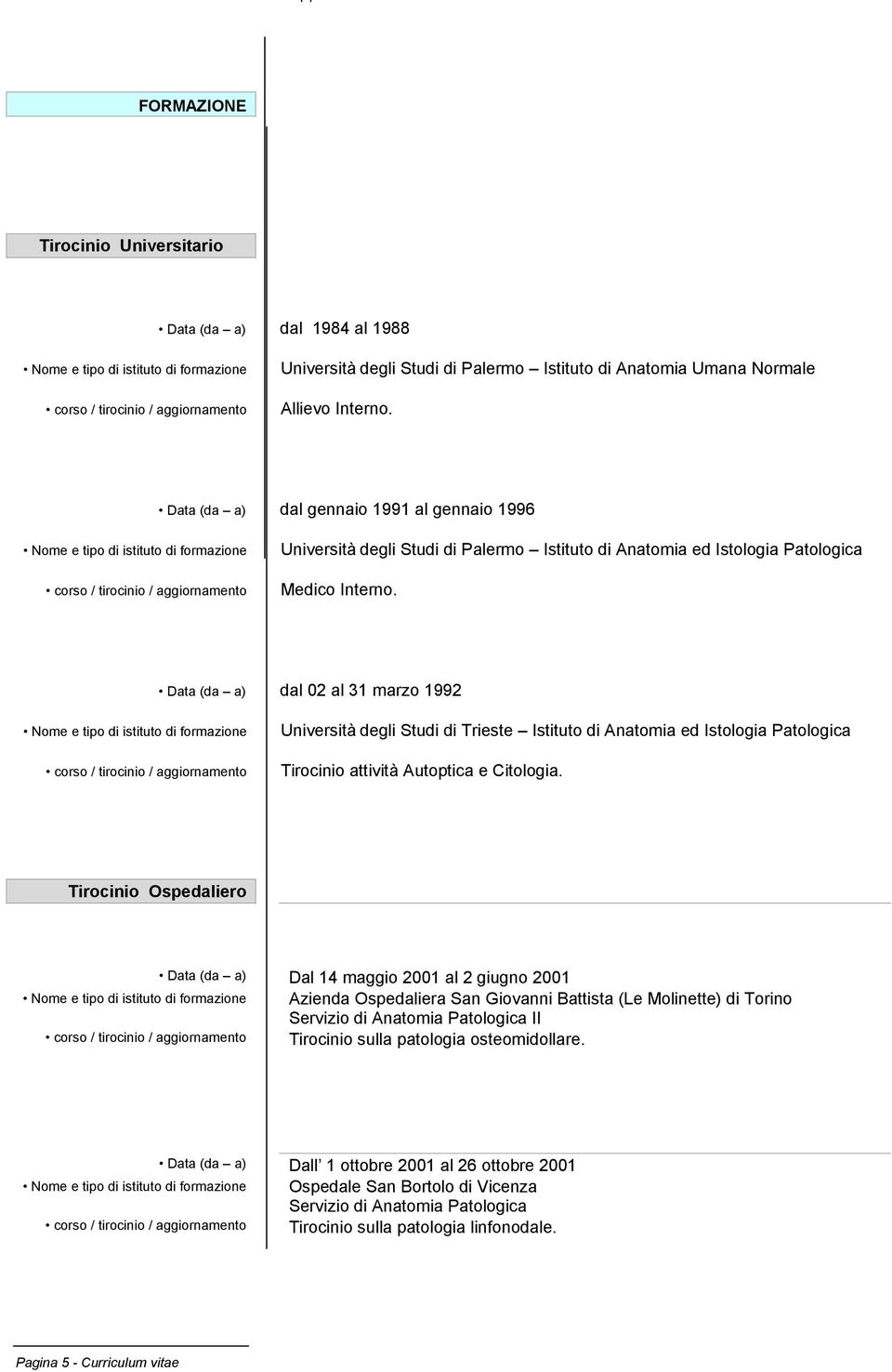 Data (da a) dal gennaio 1991 al gennaio 1996 Nome e tipo di istituto di formazione corso / tirocinio / aggiornamento Università degli Studi di Palermo Istituto di Anatomia ed Istologia Patologica