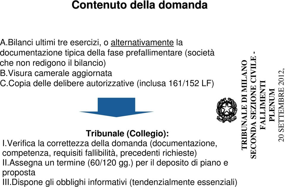 Visura camerale aggiornata C.Copia delle delibere autorizzative (inclusa 161/152 LF) Tribunale (Collegio): I.