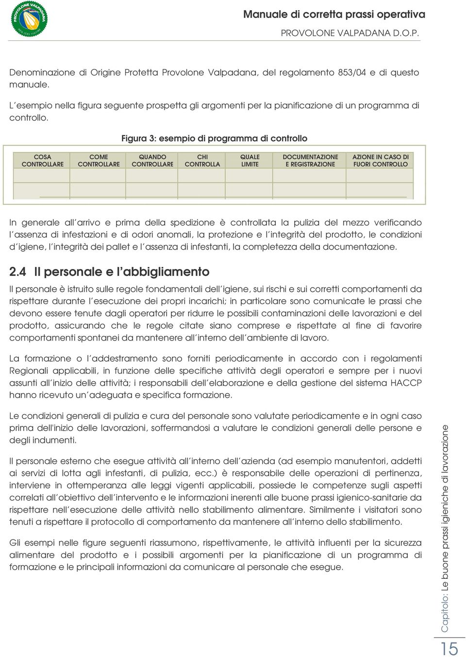 Figura 3: esempio di programma di controllo COSA CONTROLLARE COME CONTROLLARE QUANDO CONTROLLARE CHI CONTROLLA QUALE LIMITE DOCUMENTAZIONE E REGISTRAZIONE AZIONE IN CASO DI FUORI CONTROLLO In