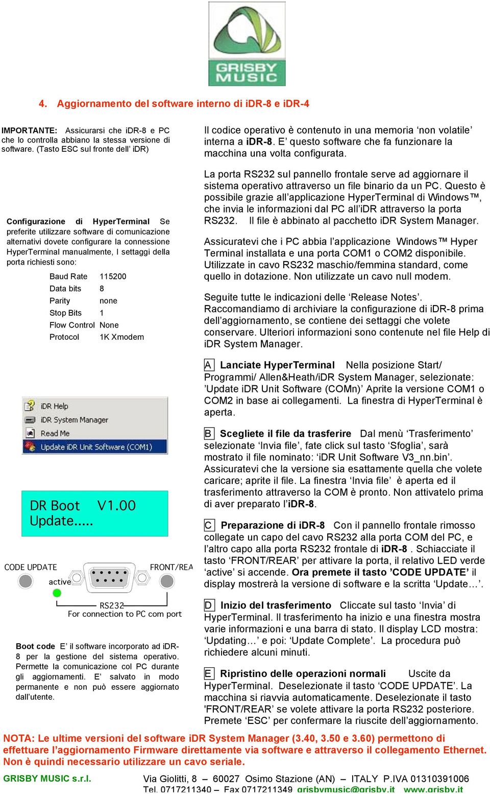 della porta richiesti sono: Baud Rate 115200 Data bits 8 Parity Stop Bits 1 none Flow Control None Protocol 1K Xmodem Il codice operativo è contenuto in una memoria non volatile interna a idr-8.