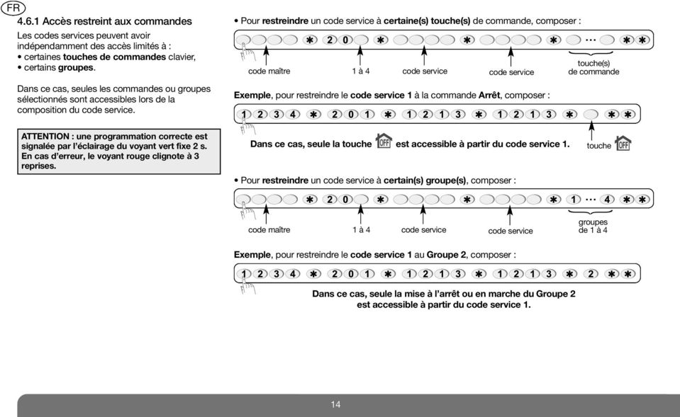 Pour restreindre un code service à certaine(s) touche(s) de commande, composer : code maître 1 à 4 code service code service Exemple, pour restreindre le code service 1 à la commande Arrêt, composer