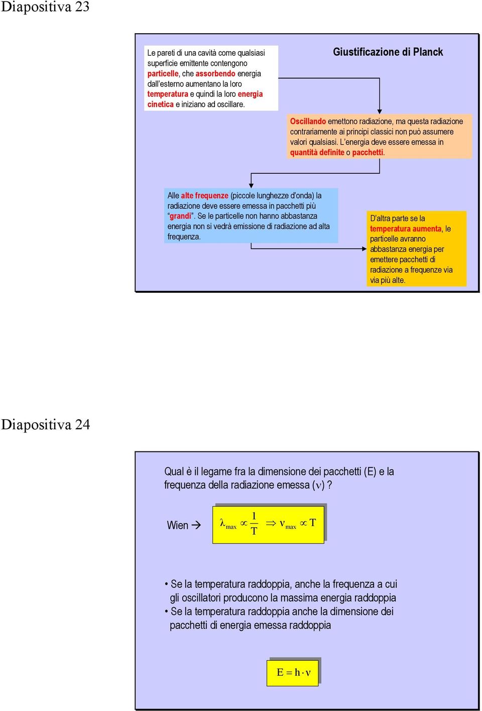 L energia deve essere emessa in quantità definite o pacchetti. Alle alte frequenze (piccole lunghezze d onda) la radiazione deve essere emessa in pacchetti più grandi.