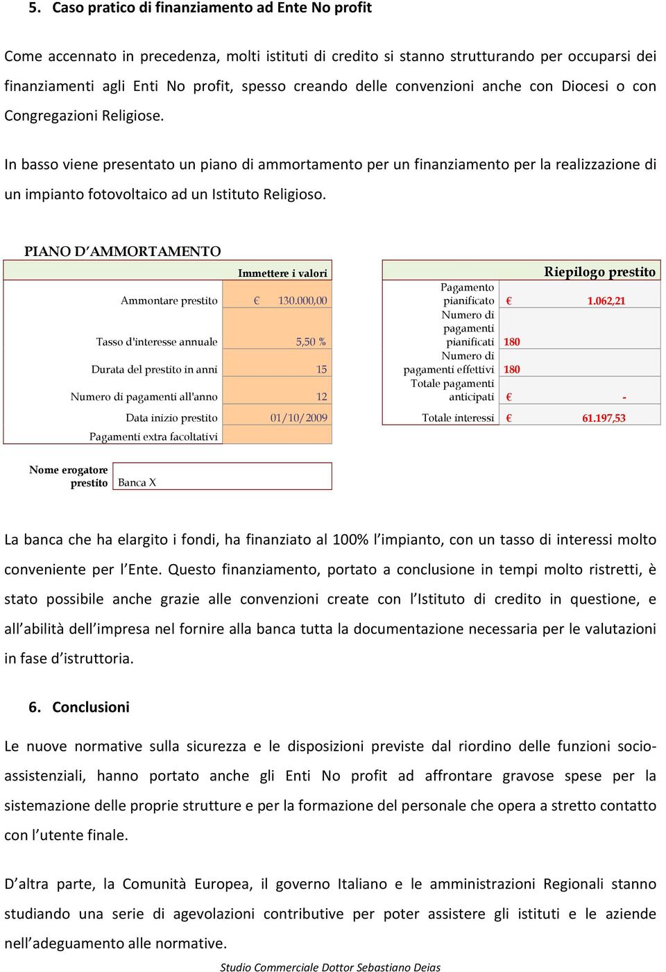 In basso viene presentato un piano di ammortamento per un finanziamento per la realizzazione di un impianto fotovoltaico ad un Istituto Religioso.