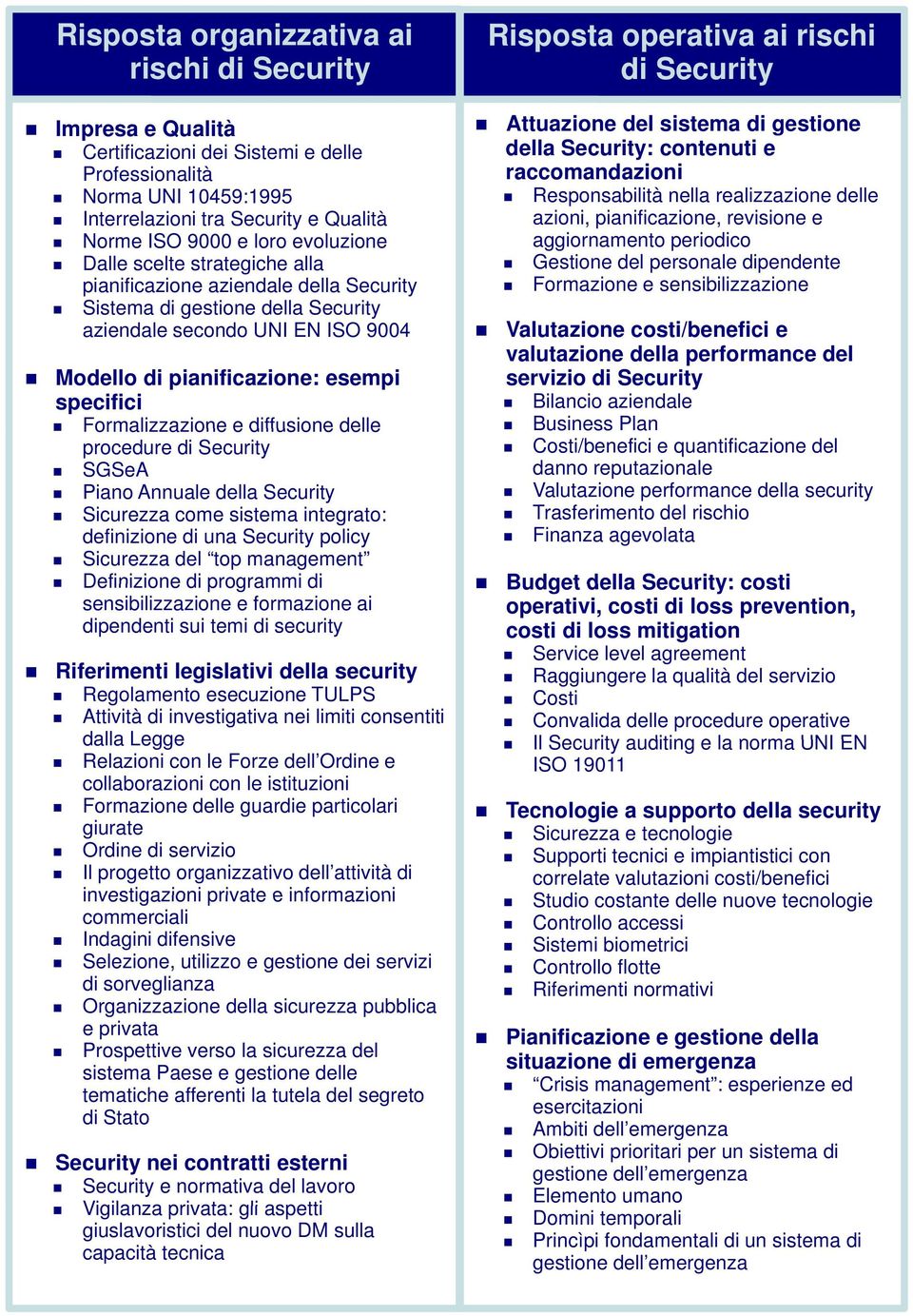 Formalizzazione e diffusione delle procedure di Security SGSeA Piano Annuale della Security Sicurezza come sistema integrato: definizione di una Security policy Sicurezza del top management