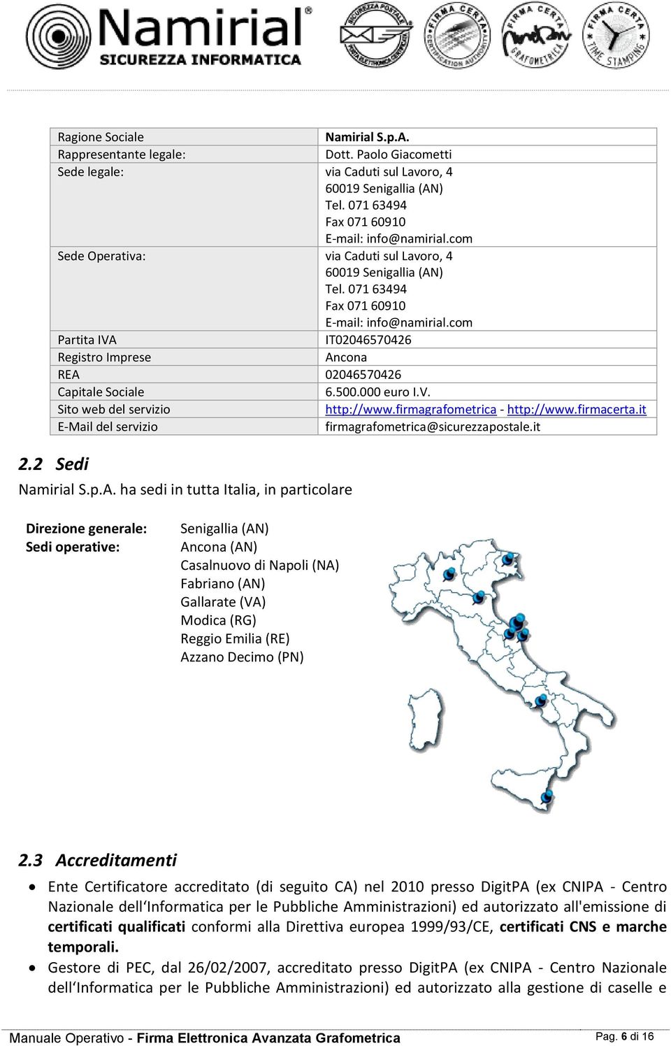 com Partita IVA IT02046570426 Registro Imprese Ancona REA 02046570426 Capitale Sociale 6.500.000 euro I.V. Sito web del servizio http://www.firmagrafometrica - http://www.firmacerta.