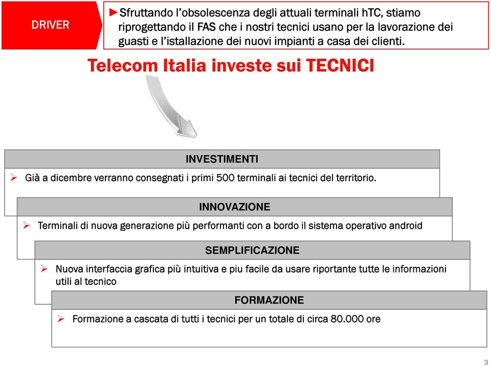 Telecom Italia investe sui TECNICI INVESTIMENTI Già a dicembre verranno consegnati i primi 500 terminali ai tecnici del territorio.