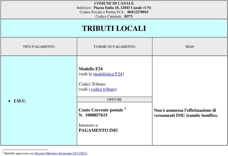 1008857615 Non è ammessa l'effettuazione di versamenti IMU tramite bonifico.