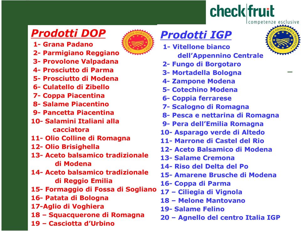 Formaggio di Fossa di Sogliano 16- Patata di Bologna 17-Aglio di Voghiera 18 Squacquerone di Romagna 19 Casciotta d Urbino Prodotti IGP 1- Vitellone bianco dell Appennino Centrale 2- Fungo di