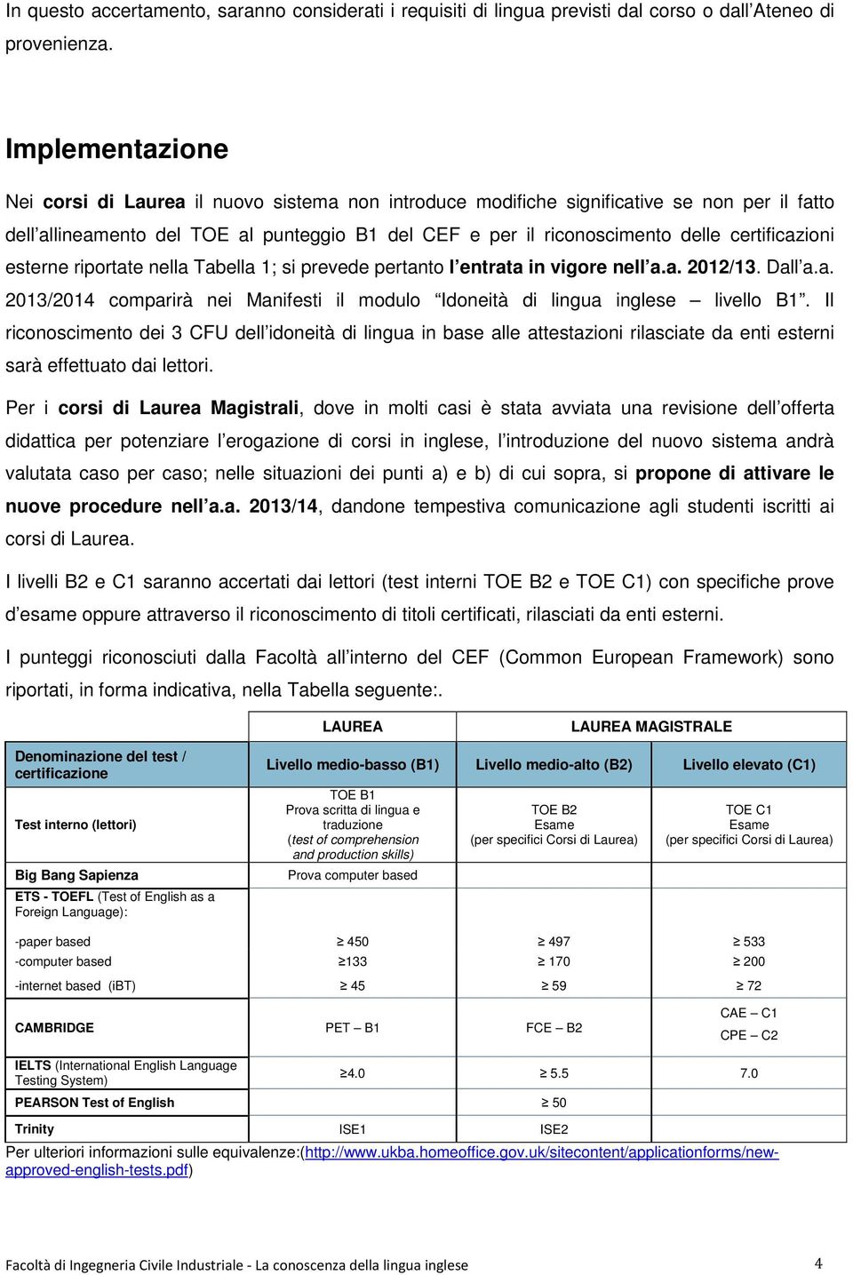 certificazioni esterne riportate nella Tabella 1; si prevede pertanto l entrata in vigore nell a.a. 2012/13. Dall a.a. 2013/2014 comparirà nei Manifesti il modulo Idoneità di lingua inglese livello B1.