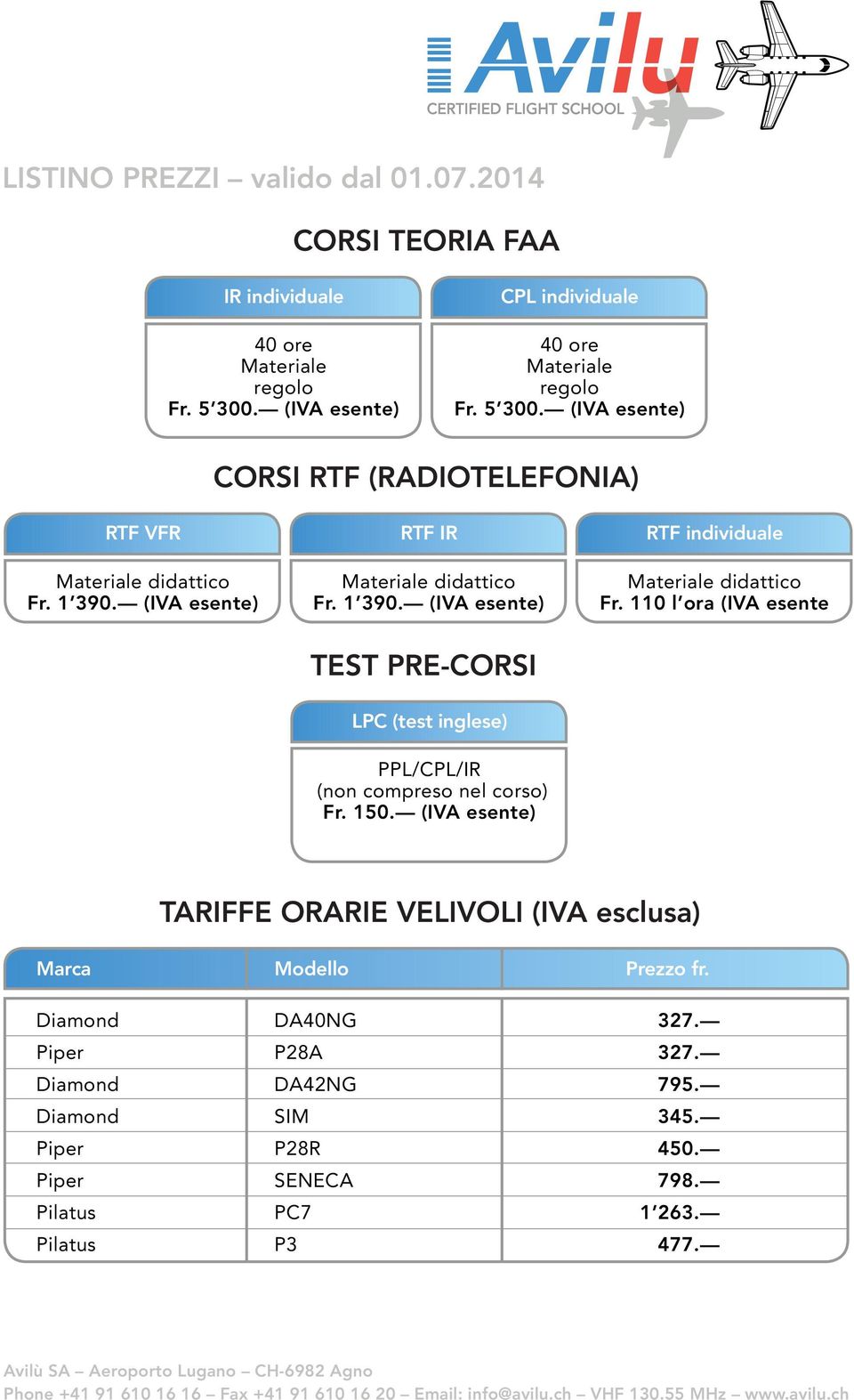 (IVA esente) Fr. 1 390. (IVA esente) Fr. 110 l ora (IVA esente TEST PRE-CORSI LPC (test inglese) PPL/CPL/IR (non compreso nel corso) Fr. 150.