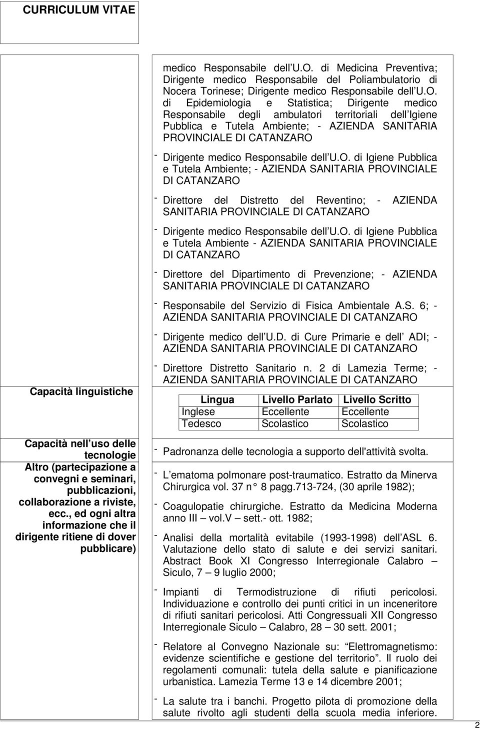 dell Igiene Pubblica e Tutela Ambiente; - AZIENDA SANITARIA - Dirigente  di Igiene Pubblica e Tutela Ambiente; - AZIENDA SANITARIA PROVINCIALE DI CATANZARO - Direttore del Distretto del Reventino; -