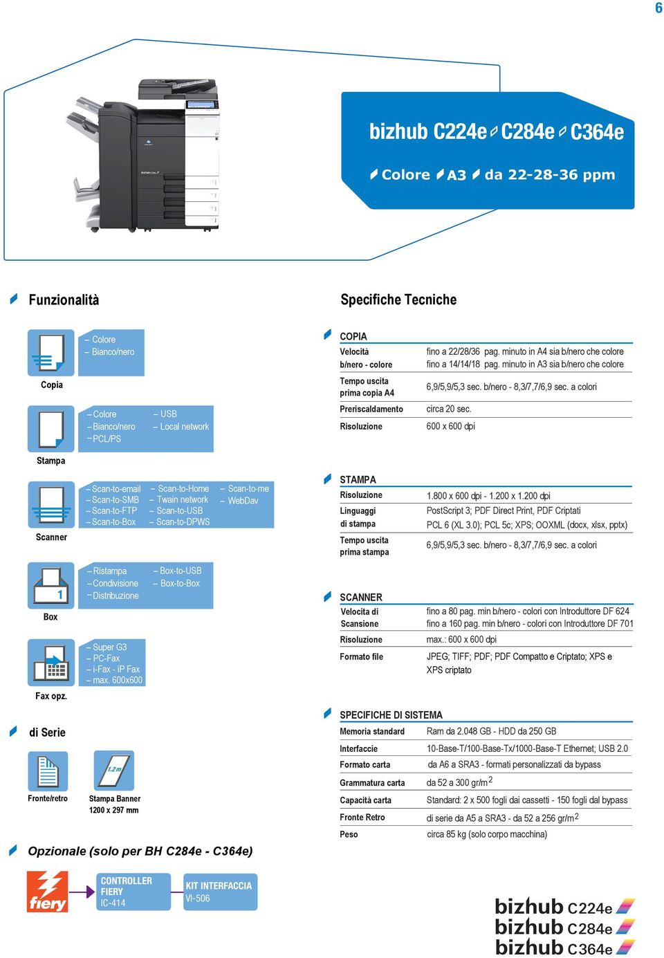 a colori Colore PCL/PS USB Local network Preriscaldamento circa 20 sec. 600 x 600 dpi Stampa Scanner Box 1 Fax opz.