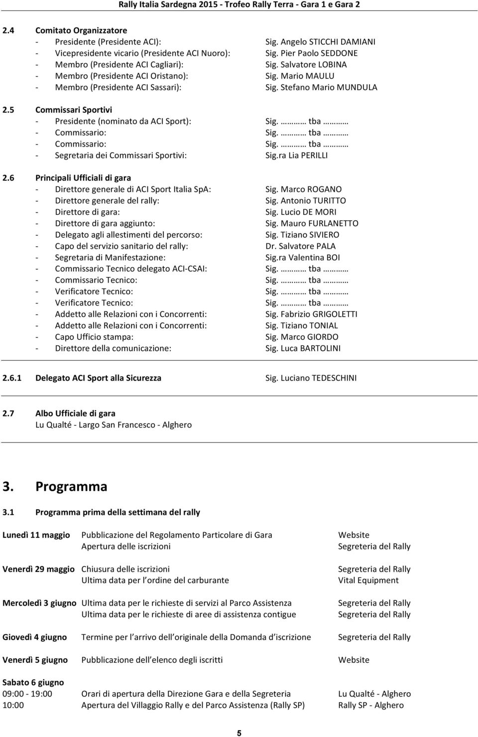 tba - Commissario: Sig. tba - Commissario: Sig. tba - Segretaria dei Commissari Sportivi: Sig.ra Lia PERILLI 2.6 Principali Ufficiali di gara - Direttore generale di ACI Sport Italia SpA: Sig.