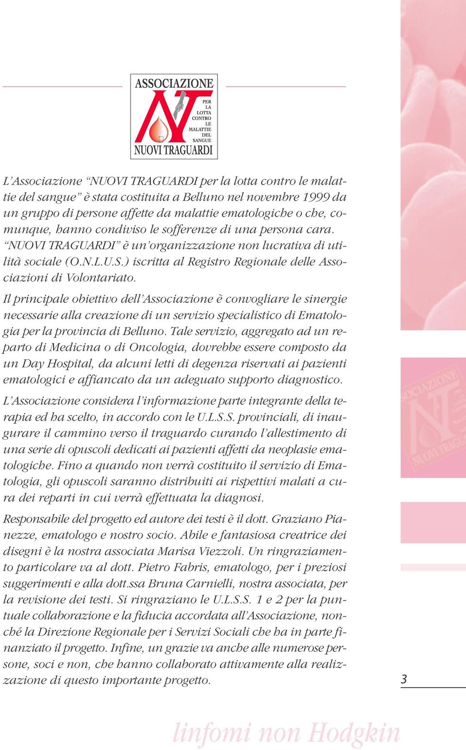 Il principale obiettivo dell Associazione è convogliare le sinergie necessarie alla creazione di un servizio specialistico di Ematologia per la provincia di Belluno.