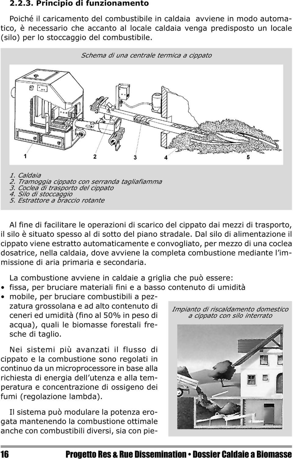 stoccaggio del combustibile. Schema di una centrale termica a cippato 1. Caldaia 2. Tramoggia cippato con serranda tagliafiamma 3. Coclea di trasporto del cippato 4. Silo di stoccaggio 5.