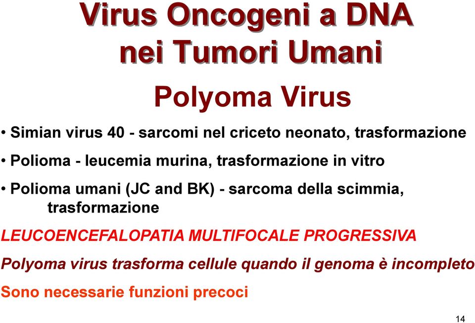 and BK) - sarcoma della scimmia, trasformazione LEUCOENCEFALOPATIA MULTIFOCALE PROGRESSIVA