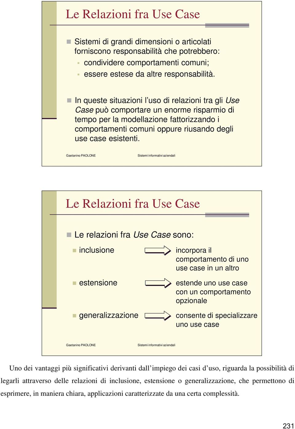 Le Relazioni fra Use Case Le relazioni fra Use Case sono: inclusione estensione generalizzazione incorpora il comportamento di uno use case in un altro estende uno use case con un comportamento
