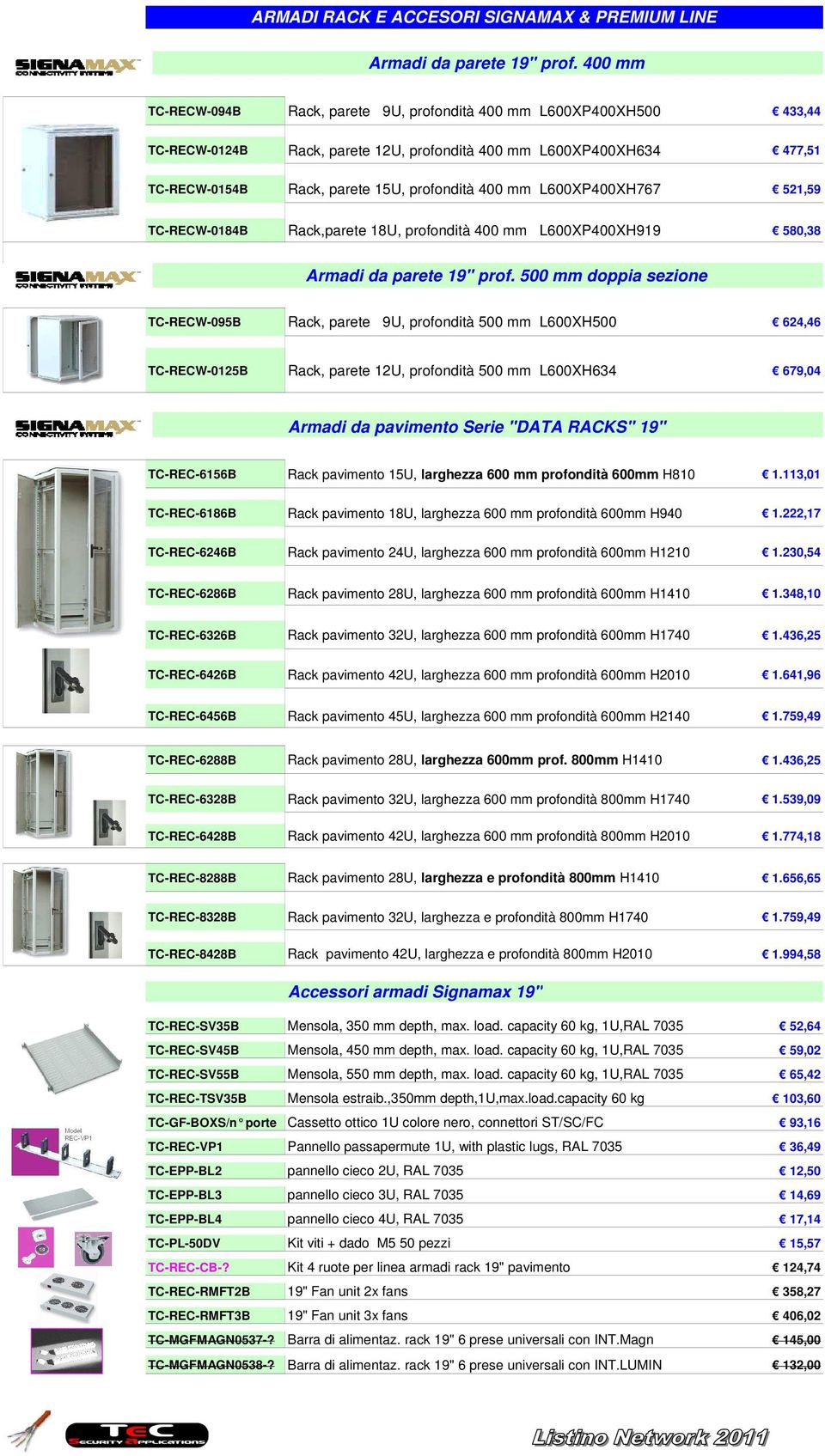 L600XP400XH767 521,59 TC-RECW-0184B Rack,parete 18U, profondità 400 mm L600XP400XH919 580,38 Armadi da parete 19" prof.