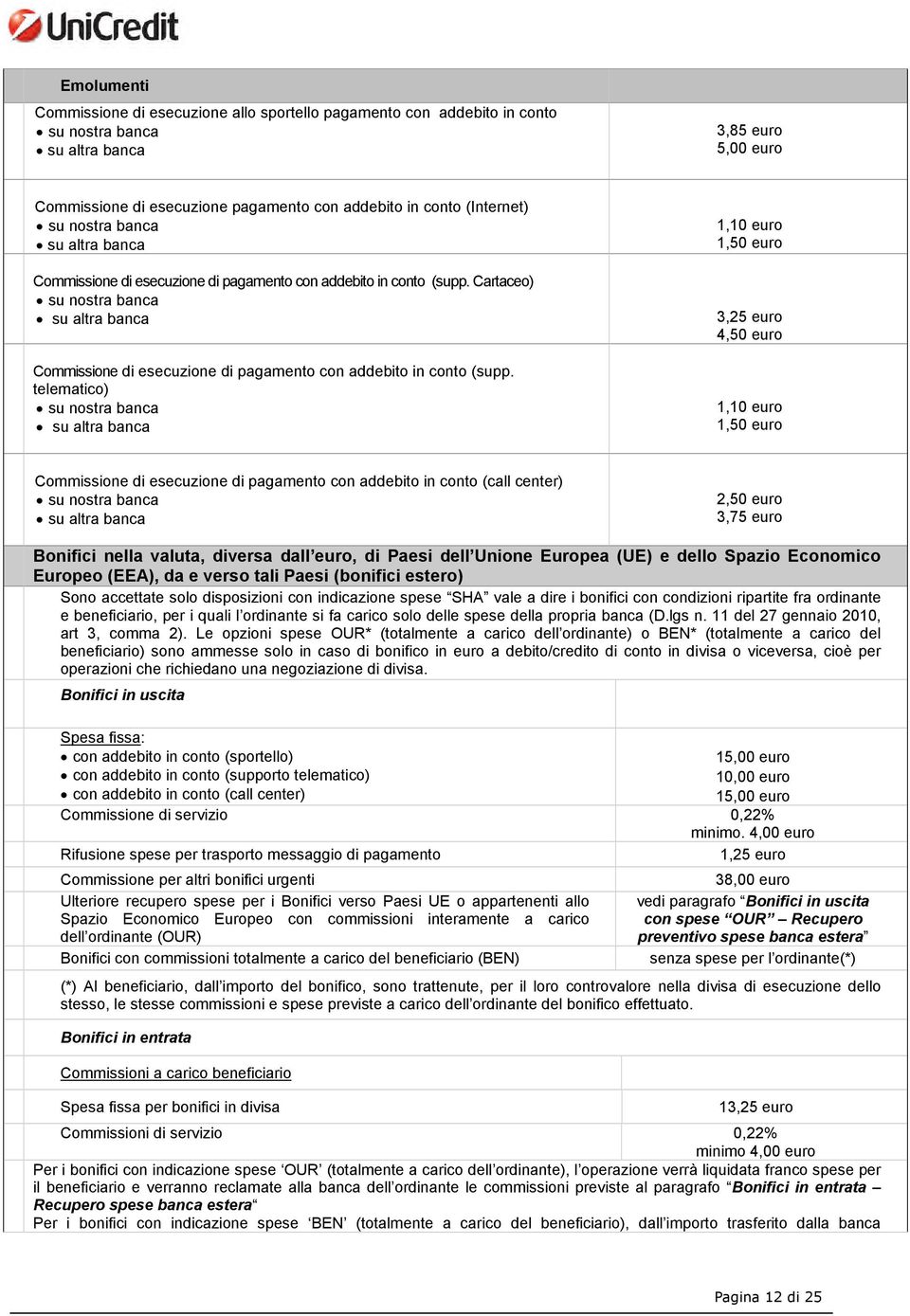 telematico) 1,10 euro 1,50 euro 3,25 euro 4,50 euro 1,10 euro 1,50 euro Commissione di esecuzione di pagamento con addebito in conto (call center) 2,50 euro 3,75 euro Bonifici nella valuta, diversa