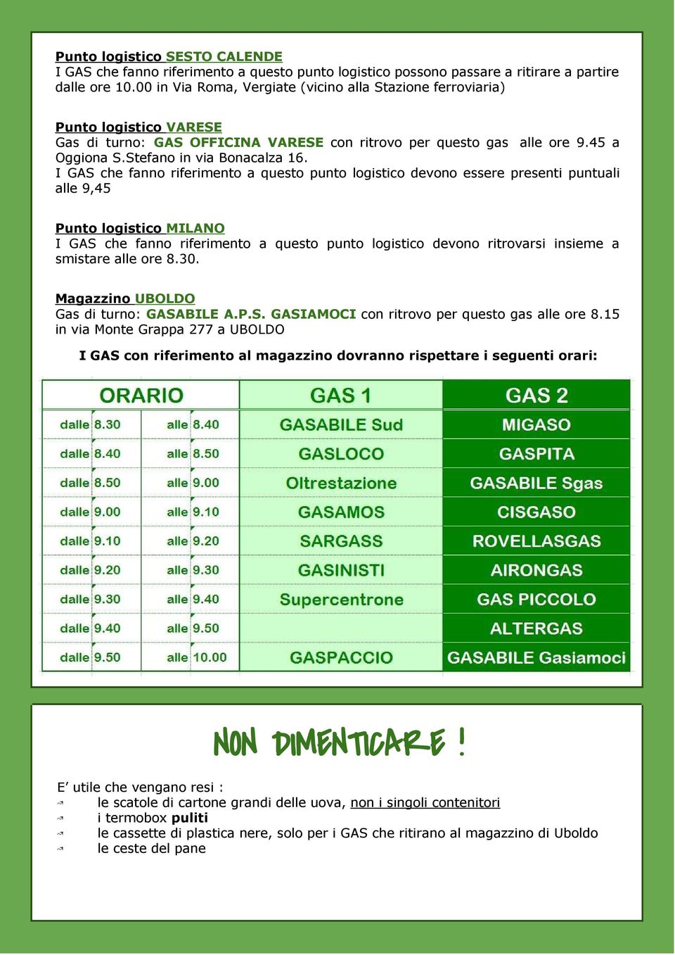 I GAS che fanno riferimento a questo punto logistico devono essere presenti puntuali alle 9,45 Punto logistico MILANO I GAS che fanno riferimento a questo punto logistico devono ritrovarsi insieme a