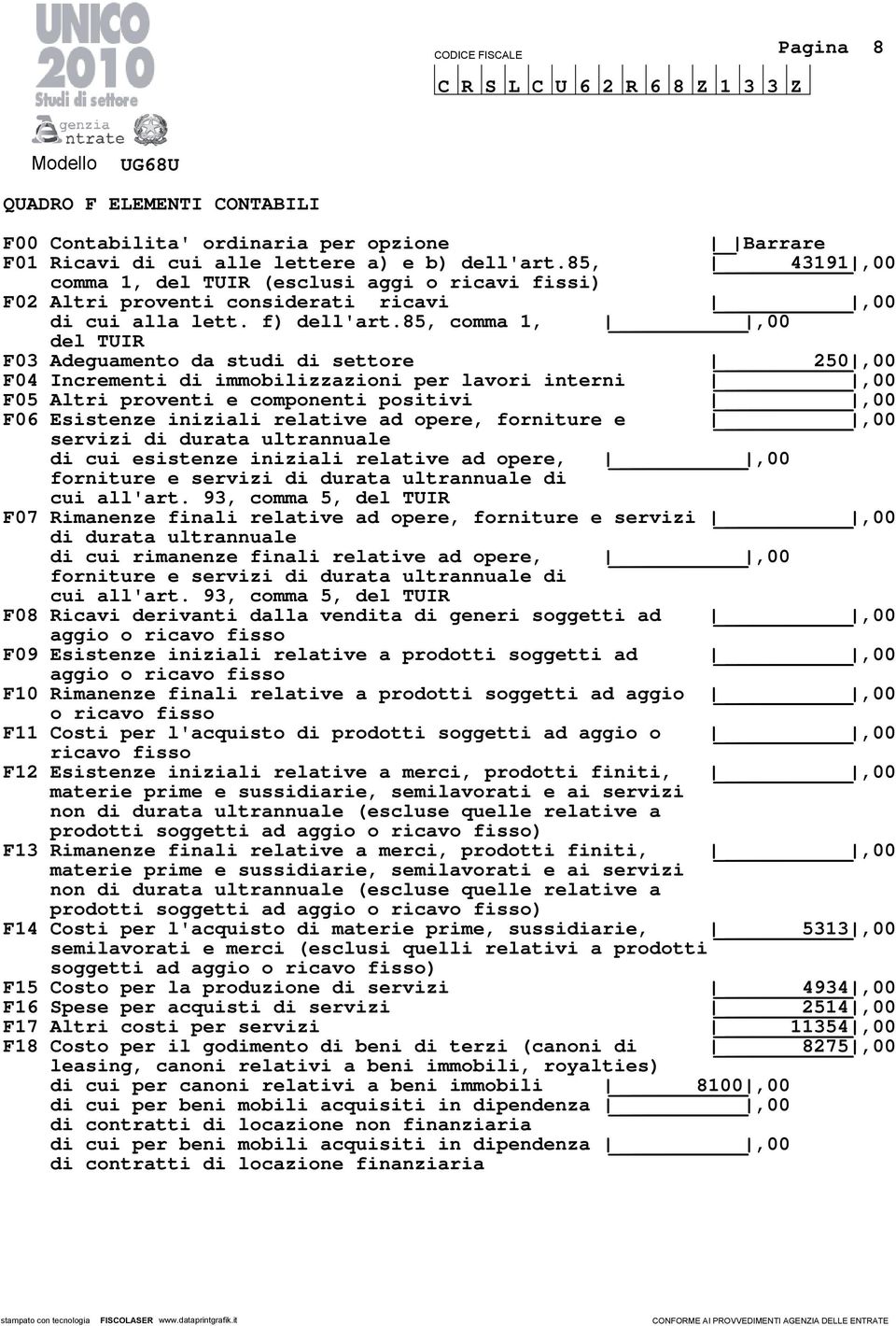 85, comma 1,,00 del TUIR F03 Adeguamento da studi di settore 250,00 F04 Incrementi di immobilizzazioni per lavori interni,00 F05 Altri proventi e componenti positivi,00 F06 Esistenze iniziali