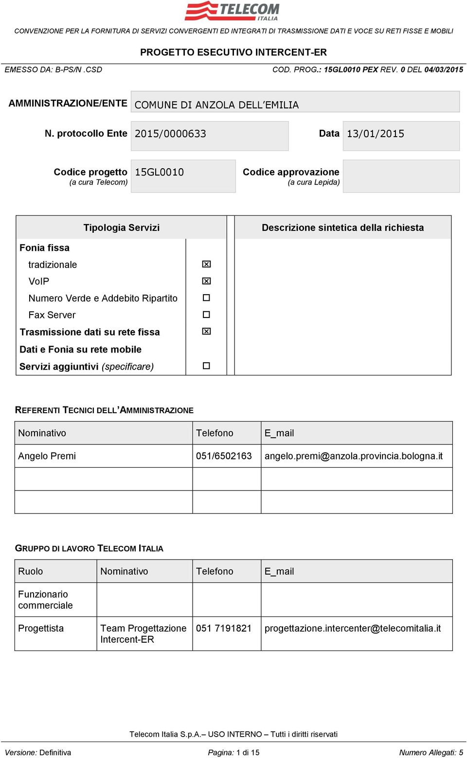 tradizionale VoIP Numero Verde e Addebito Ripartito Fax Server Trasmissione dati su rete fissa Dati e Fonia su rete mobile Servizi aggiuntivi (specificare) REFERENTI TECNICI DELL