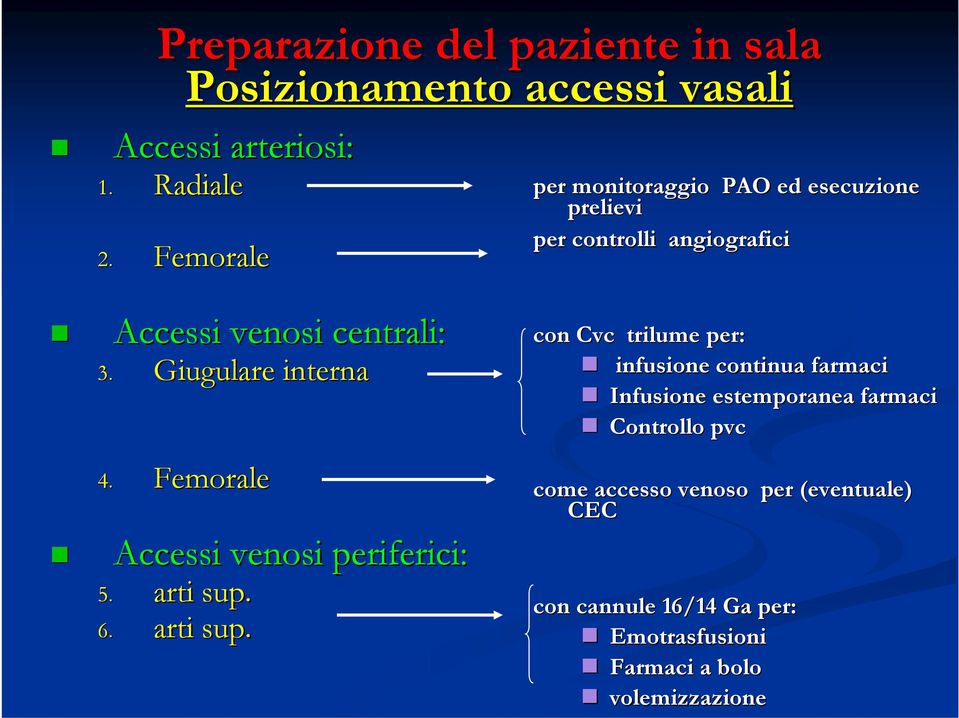 Giugulare interna 4. Femorale Accessi venosi periferici: 5. arti sup.