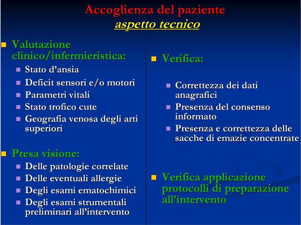 strumentali preliminari all intervento Accoglienza del paziente aspetto tecnico Verifica: Correttezza dei dati anagrafici Presenza